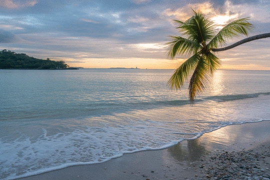 Panoramic view of a pristine Singapore beach with clear blue water and palm trees