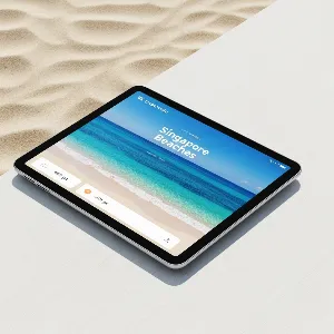 Digital mockup of Singapore Beaches travel guide on a tablet